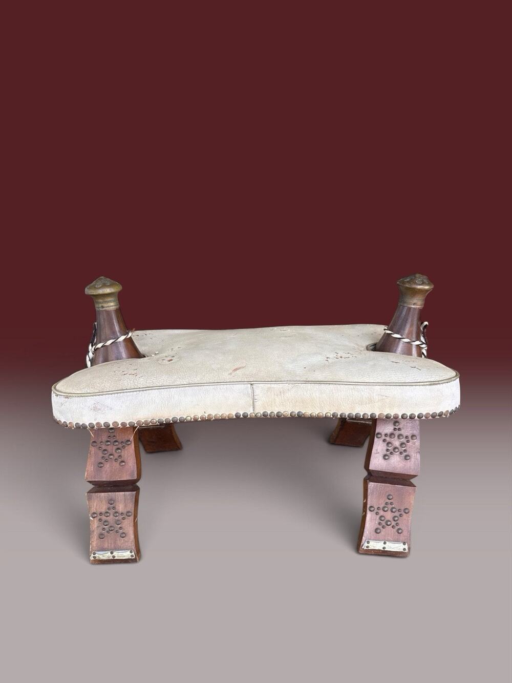 Egyptian Camel Saddle Footstool Wood Leather Cushion Mid Century VTG READ